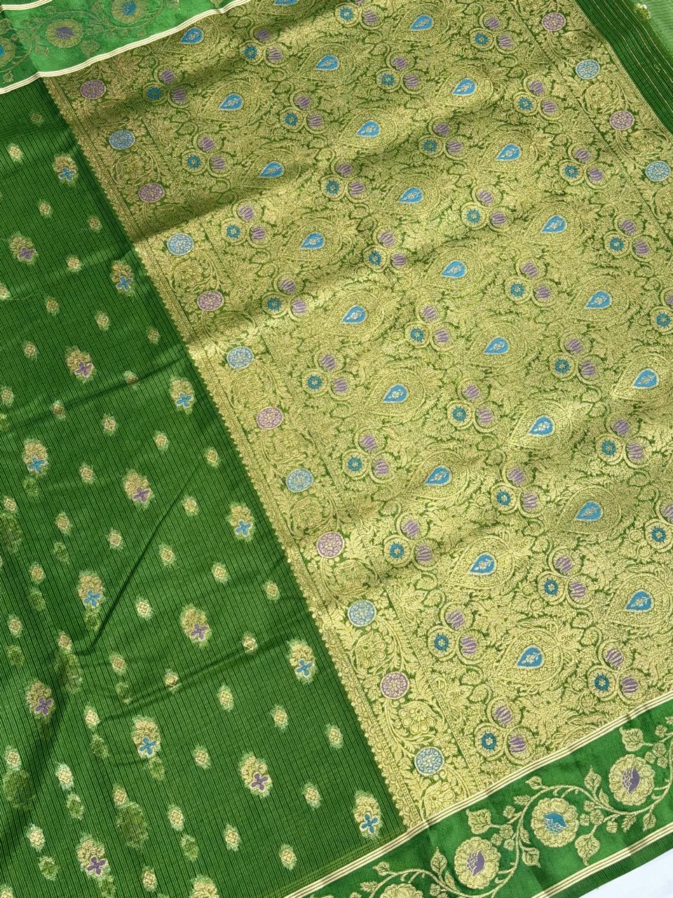 Olive Green Banarasi Soft Silk Saree with Floral Minakari Border & Paisley Jaal Pallu