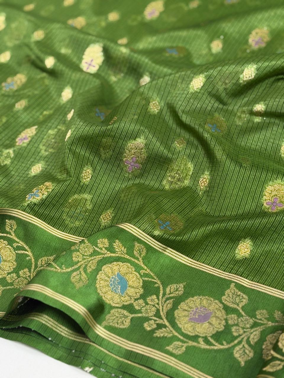 Olive Green Banarasi Soft Silk Saree with Floral Minakari Border & Paisley Jaal Pallu