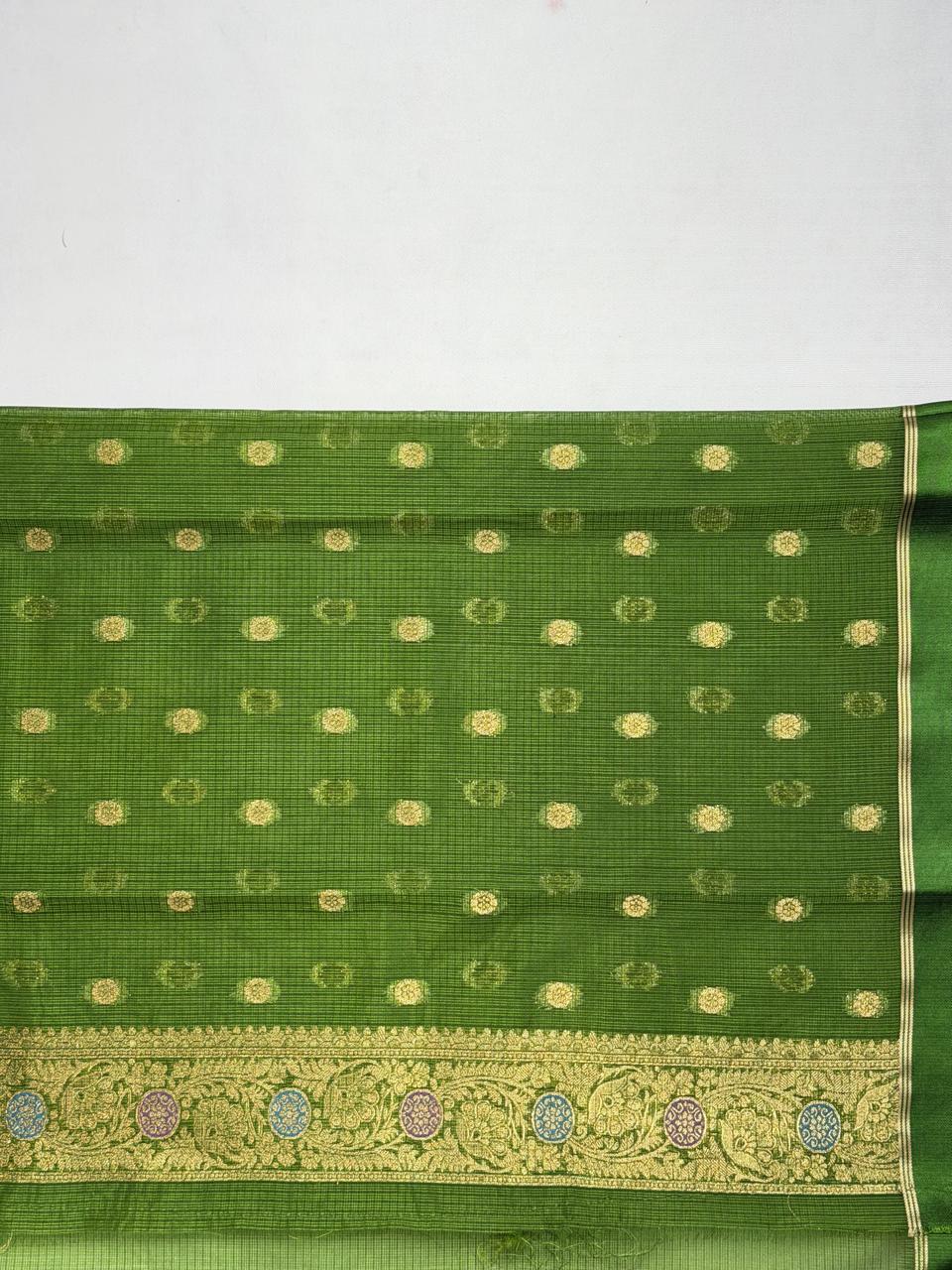 Olive Green Banarasi Soft Silk Saree with Floral Minakari Border & Paisley Jaal Pallu