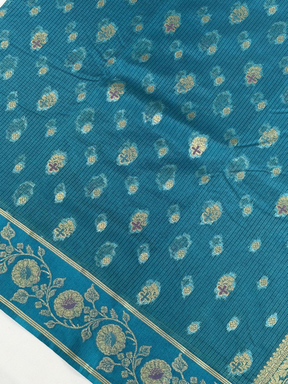 Teal Blue Banarasi Soft Silk Saree with Floral Minakari Border & Paisley Jaal Pallu