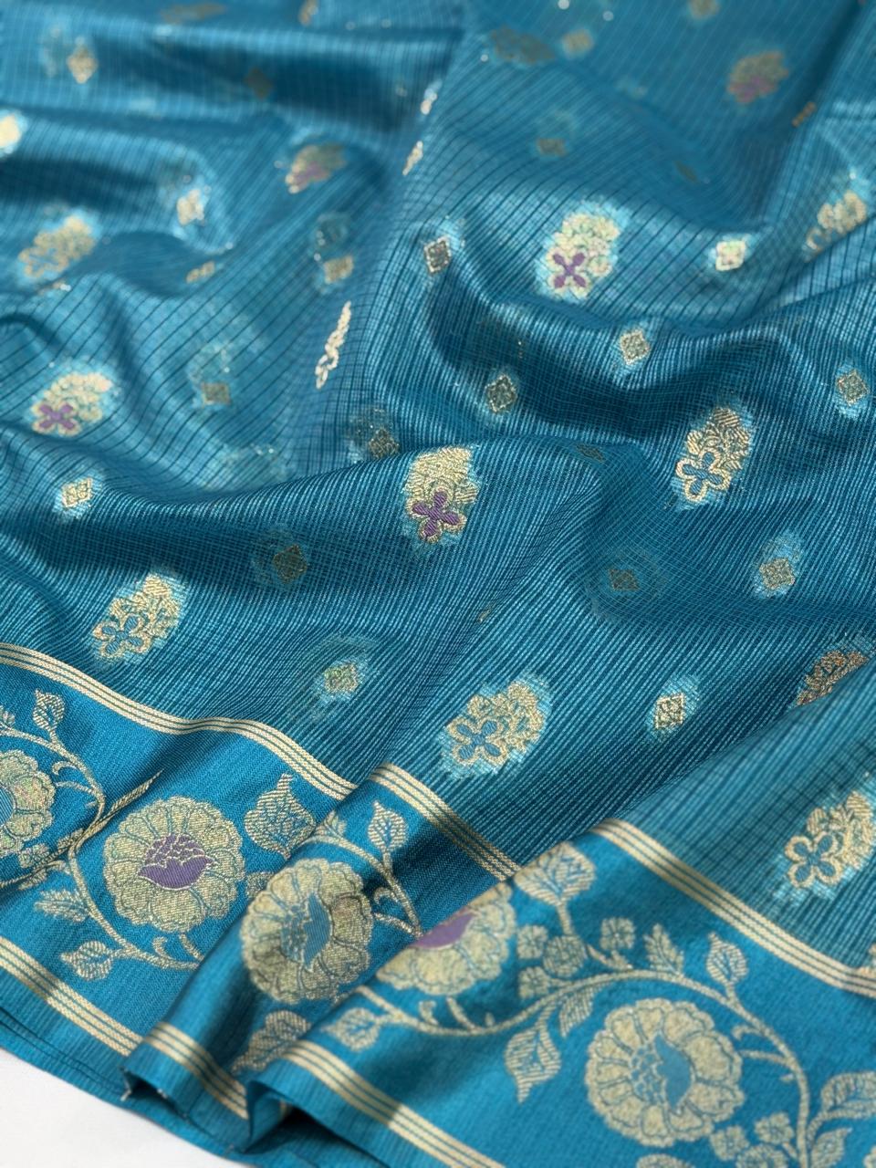 Teal Blue Banarasi Soft Silk Saree with Floral Minakari Border & Paisley Jaal Pallu