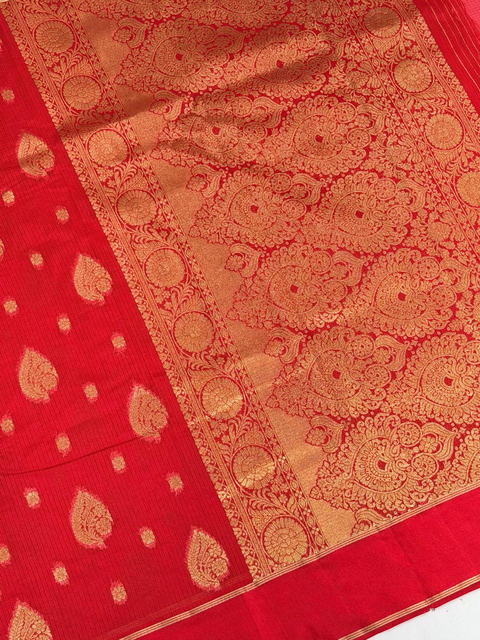 Red Banarasi Soft Silk Saree with Gold Zari Paisley Motifs