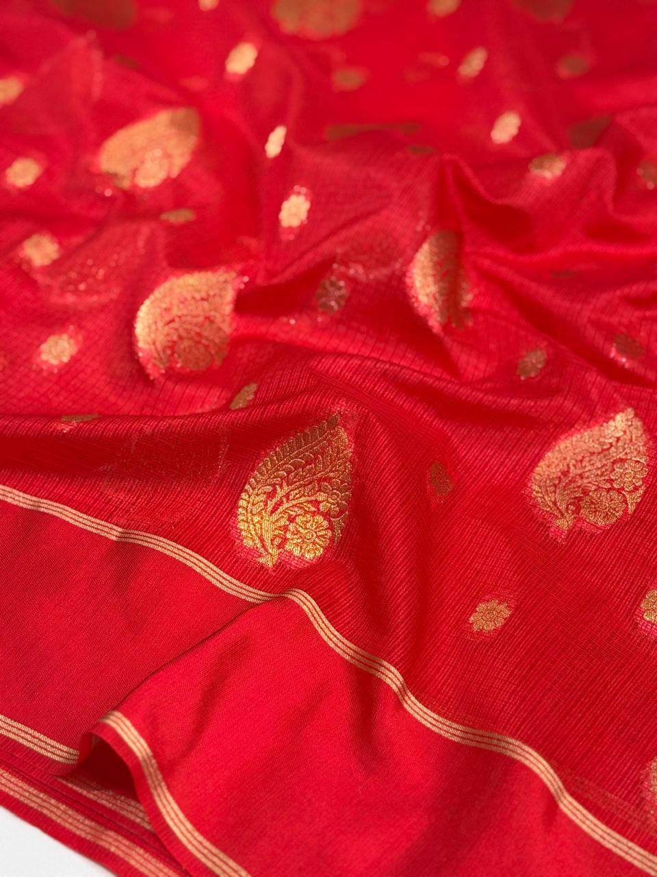 Red Banarasi Soft Silk Saree with Gold Zari Paisley Motifs