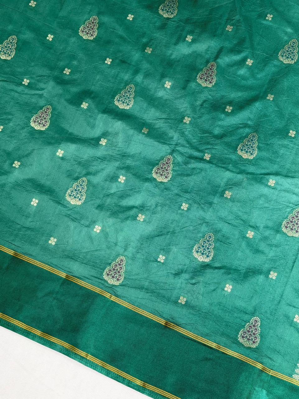 Sea Green Banarasi Soft Mashru Silk Saree with Paisley Motifs Minakari Pallu