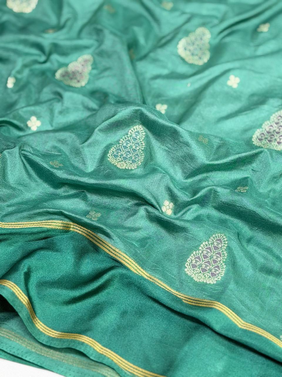 Sea Green Banarasi Soft Mashru Silk Saree with Paisley Motifs Minakari Pallu