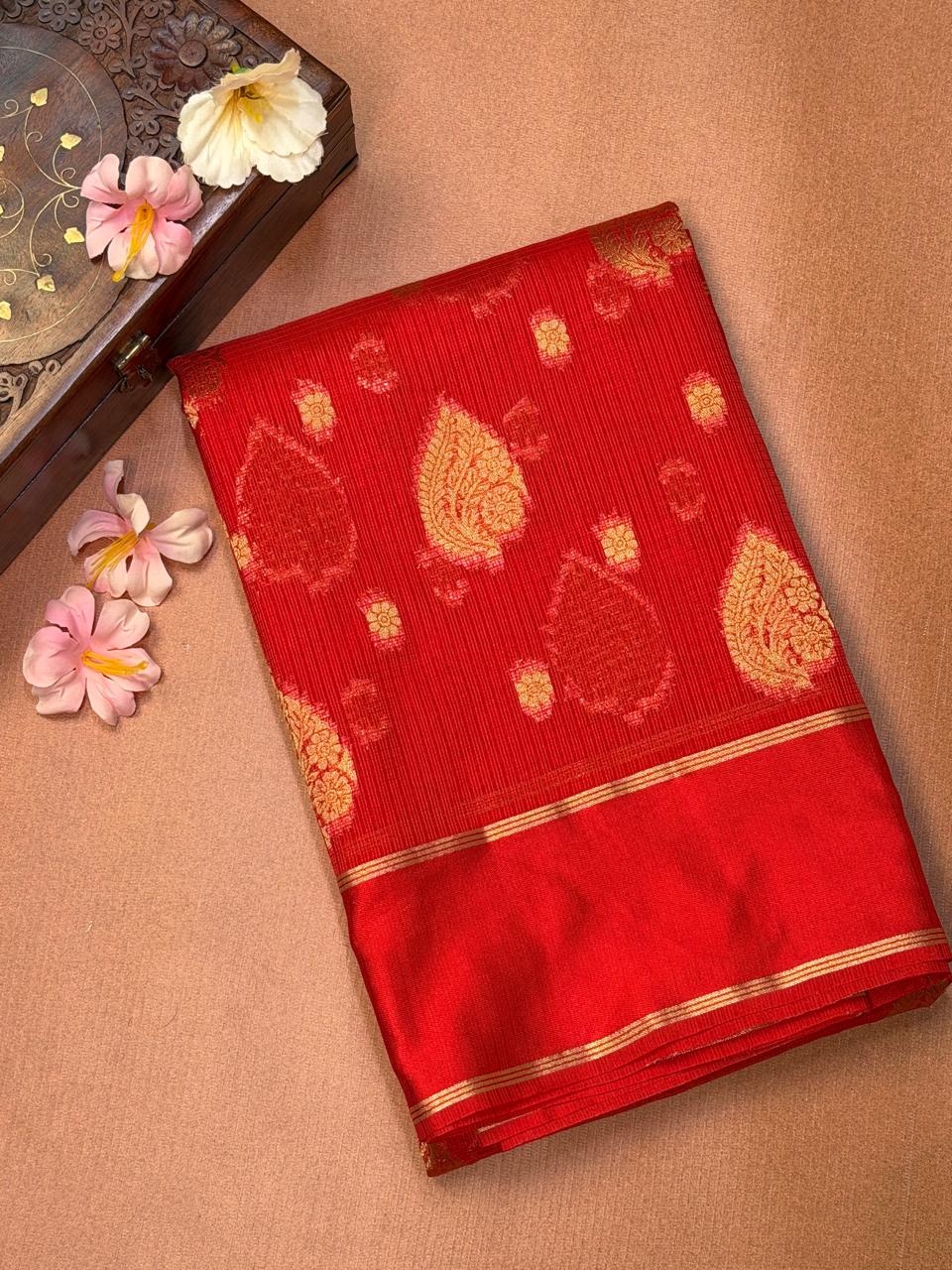 Red Banarasi Soft Silk Saree with Gold Zari Paisley Motifs