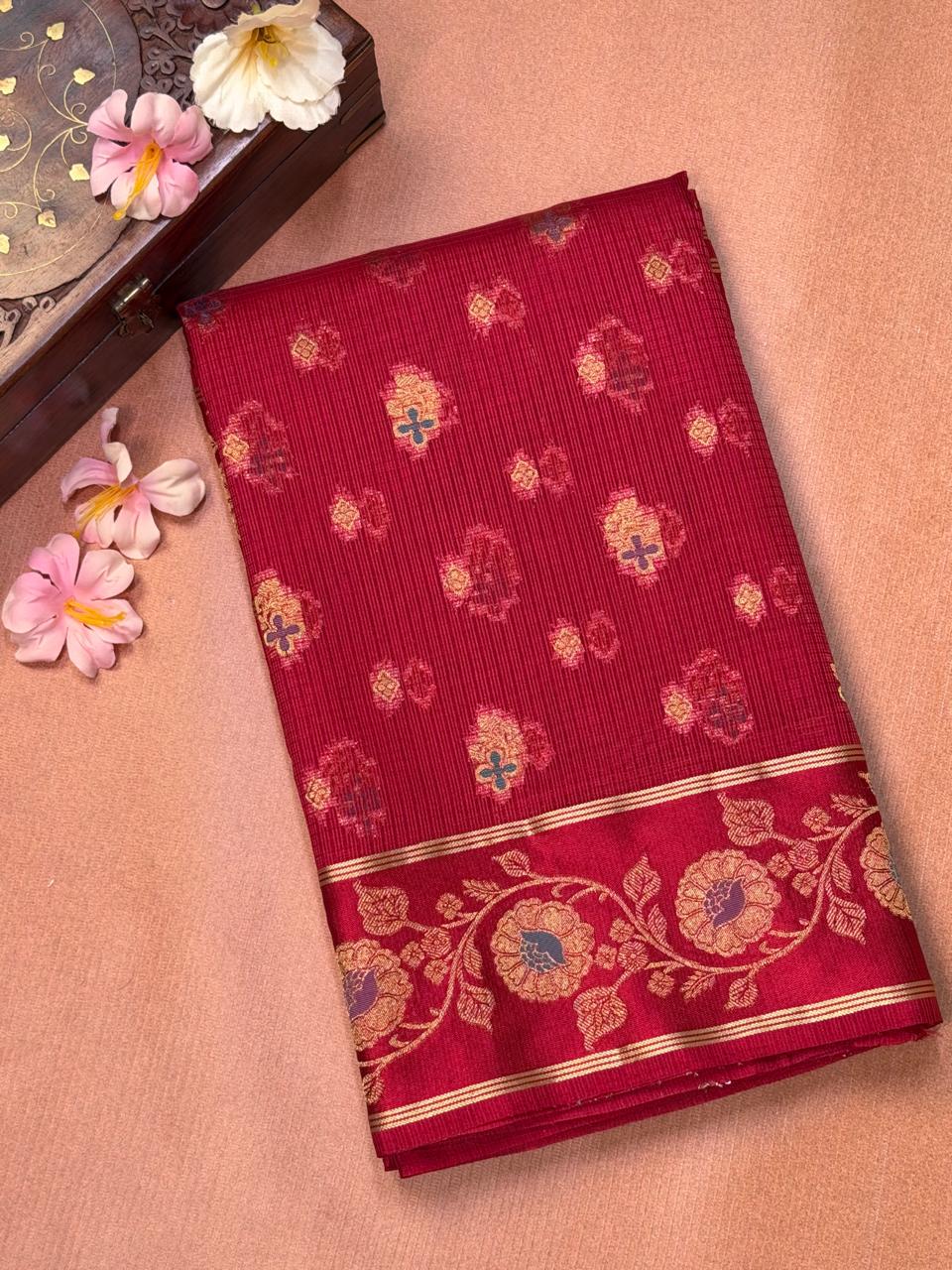 Maroon Red Banarasi Soft Silk Saree with Floral Minakari Border  Paisley Jaal Pallu