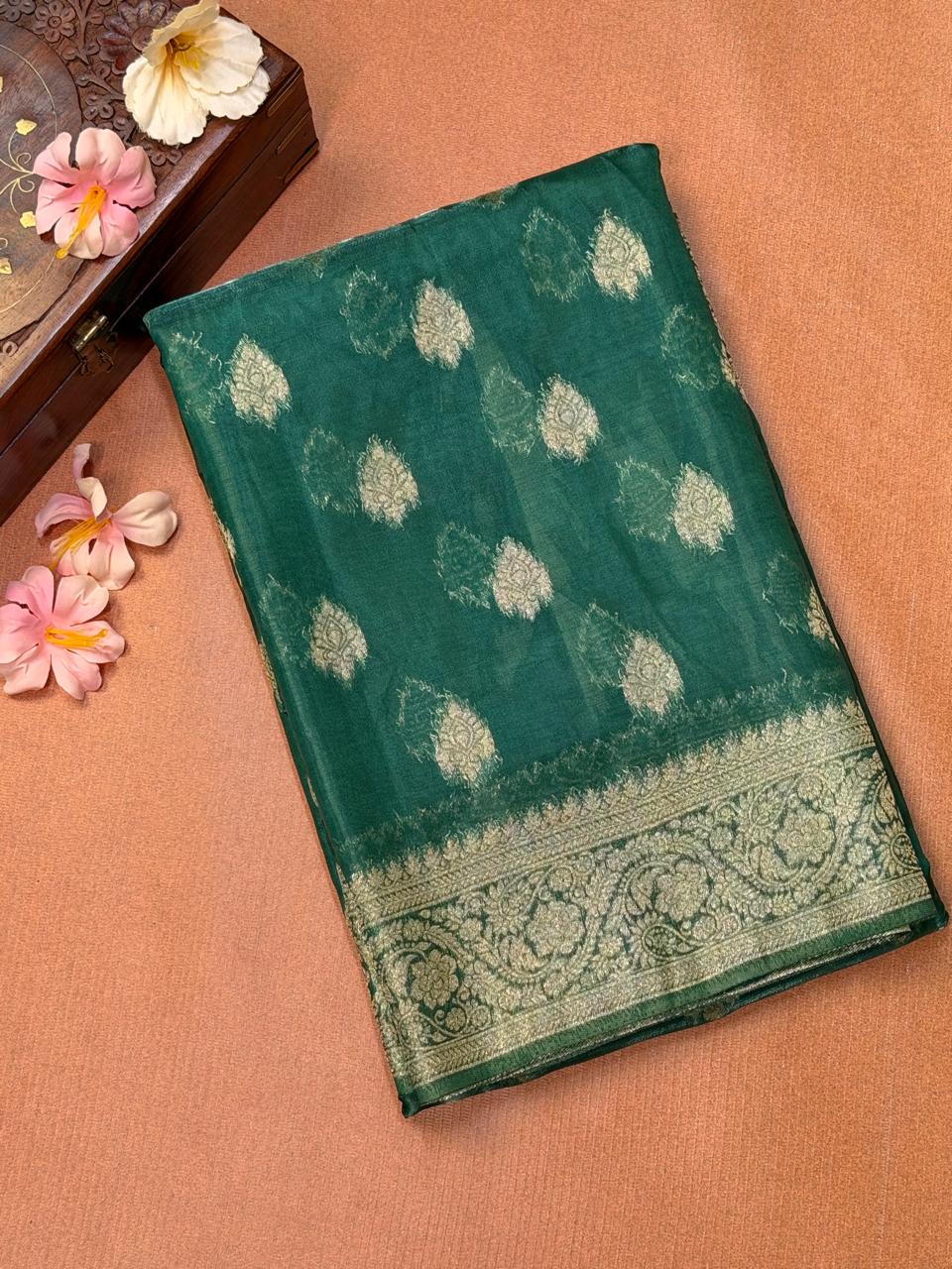 Emerald Green Banarasi Soft Silk Saree with Antique Gold Leaf Butis  Geometrical Pallu