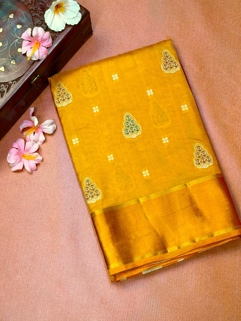 Mustard Gold Banarasi Soft Mashru Silk Saree with Paisley Motifs Minakari Pallu
