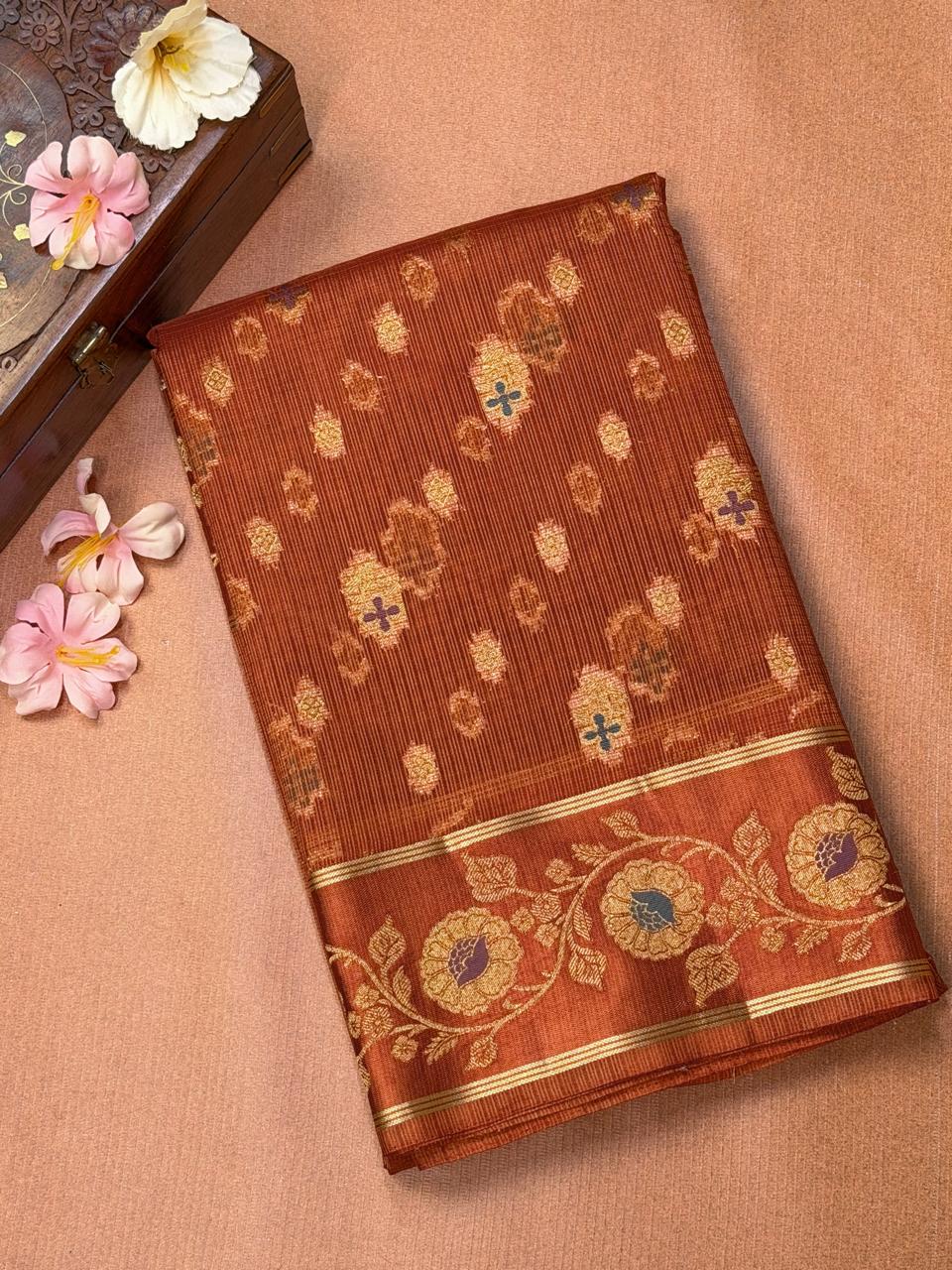 Rust Orange Banarasi Soft Silk Saree with Floral Minakari Border & Jaal Pallu