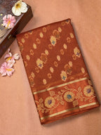 Rust Orange Banarasi Soft Silk Saree with Floral Minakari Border & Jaal Pallu