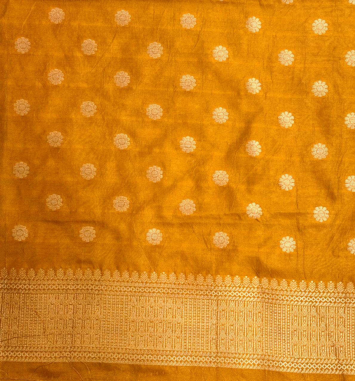 Mustard Gold Banarasi Soft Mashru Silk Saree with Paisley Motifs Minakari Pallu