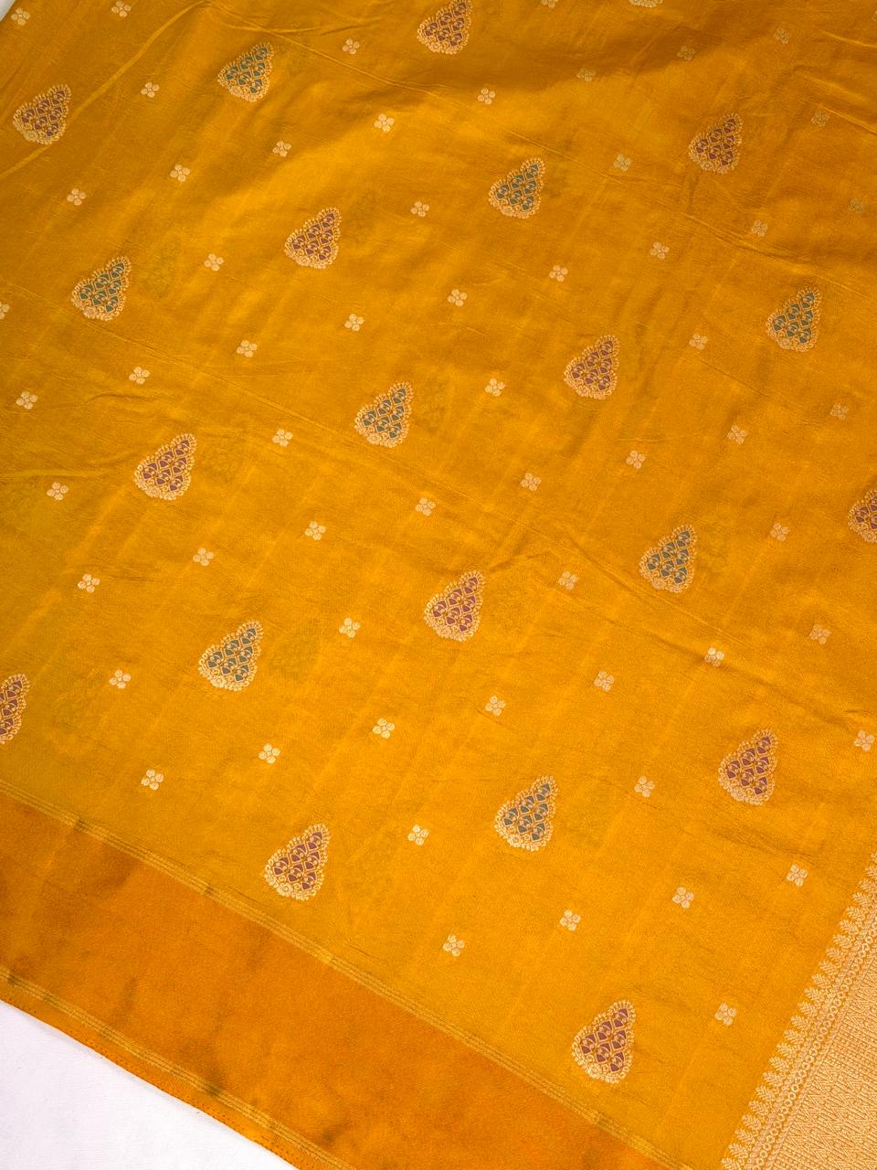 Mustard Gold Banarasi Soft Mashru Silk Saree with Paisley Motifs Minakari Pallu