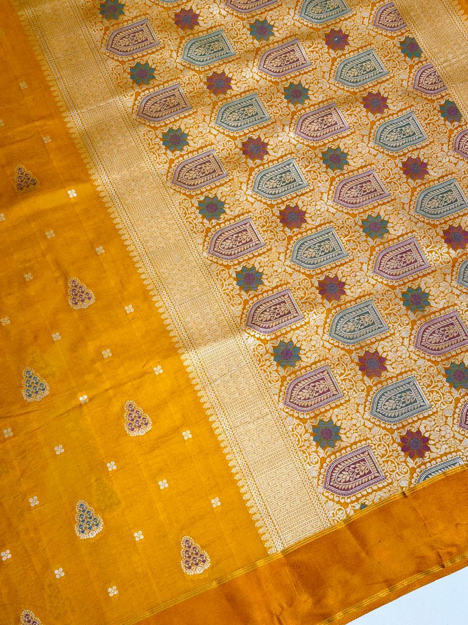Mustard Gold Banarasi Soft Mashru Silk Saree with Paisley Motifs Minakari Pallu