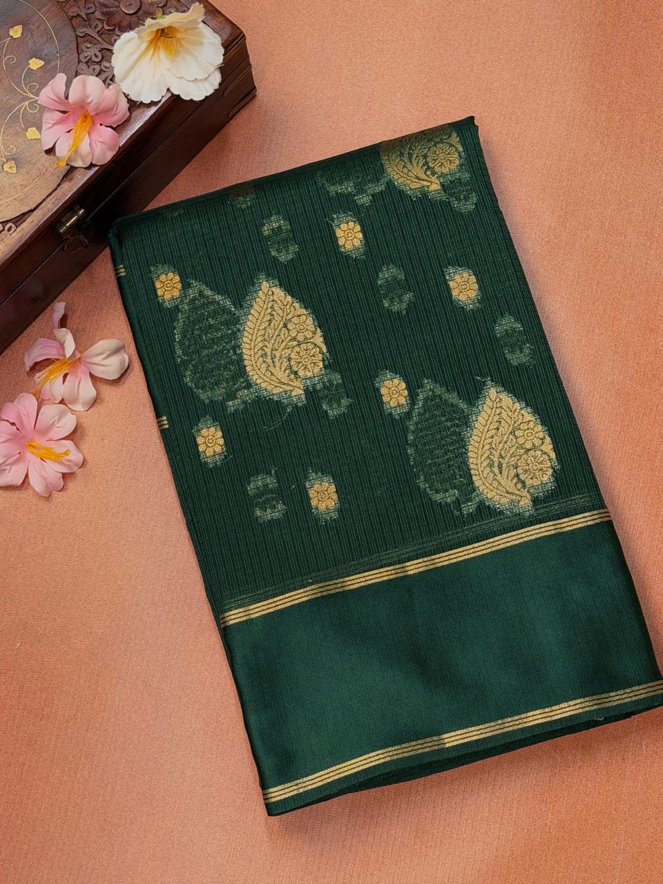 Bottle Green Banarasi Soft Silk Saree with Gold Zari Paisley Motifs