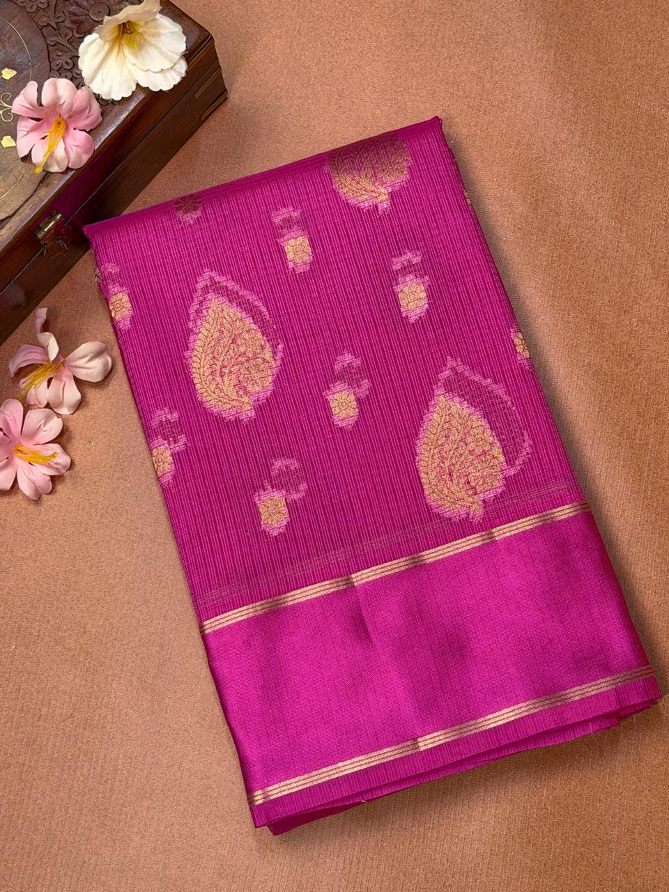 Rani Pink Banarasi Soft Silk Saree with Gold Zari Leaf Motifs & Medallion Border