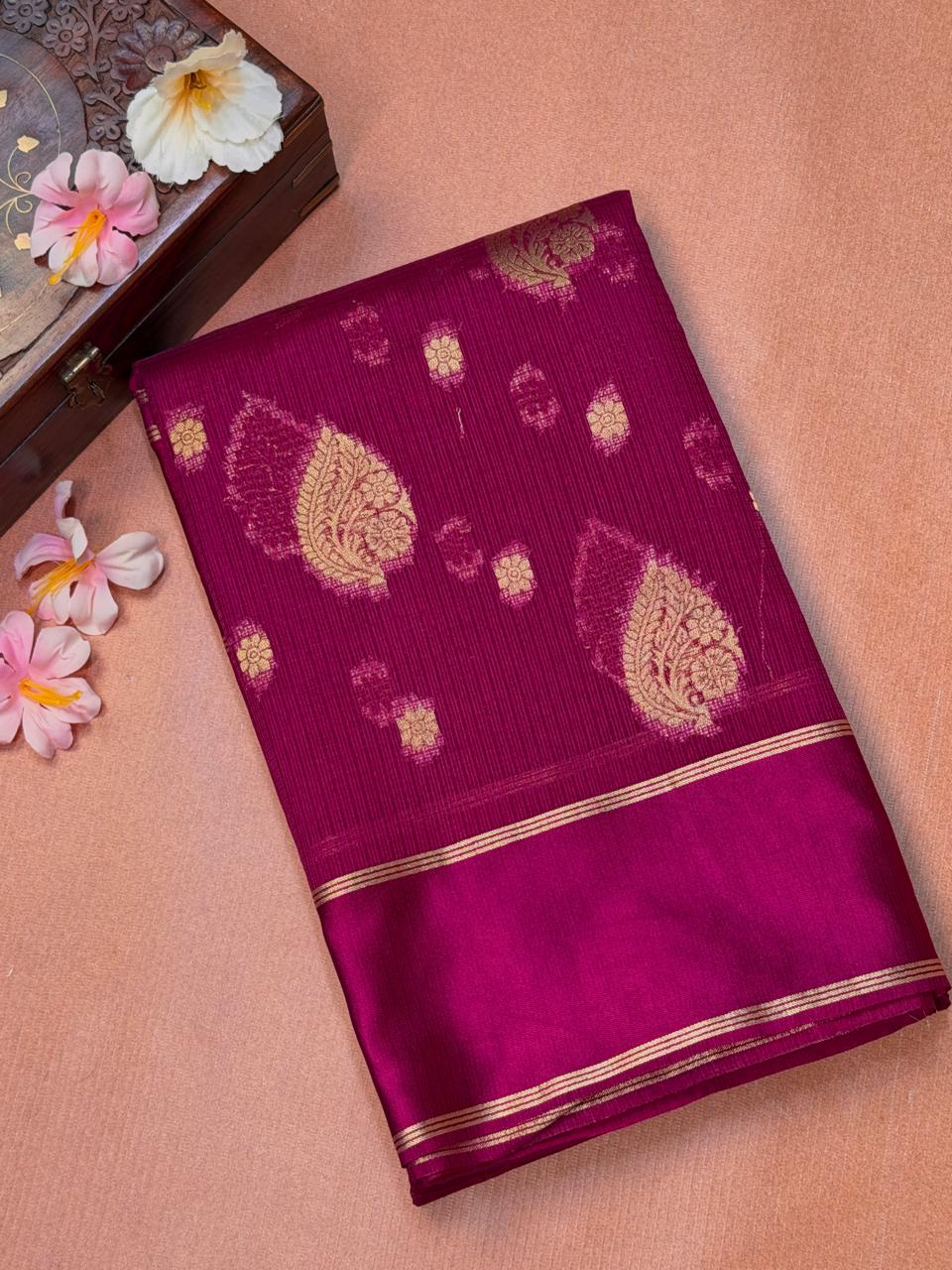 Plum Violet Banarasi Soft Silk Saree with Gold Zari Paisley Motifs