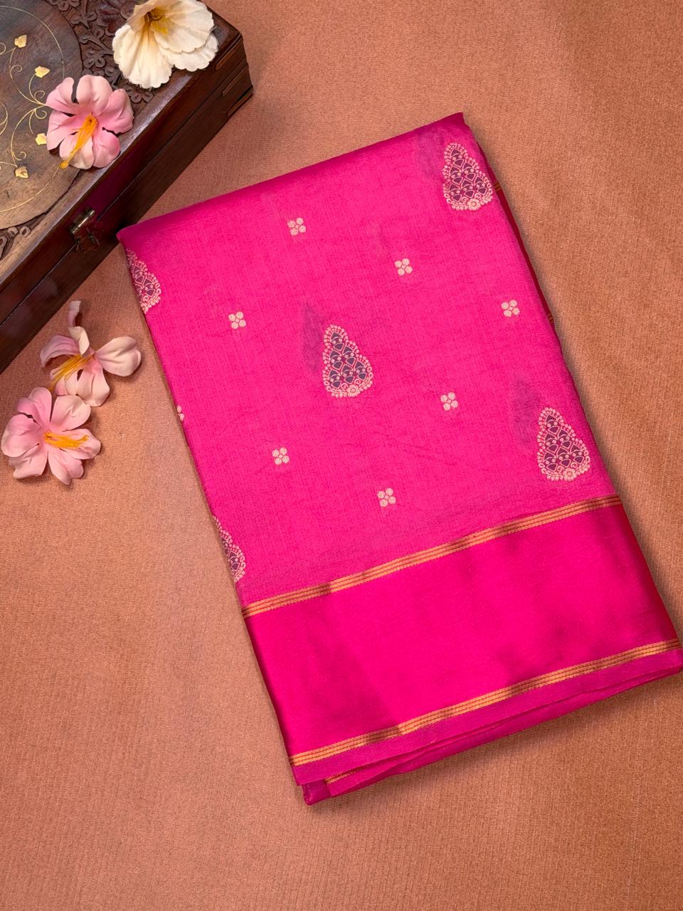 Rani Pink Banarasi Soft Mashru Silk Saree with Paisley Motifs & Dual-Tone Pallu