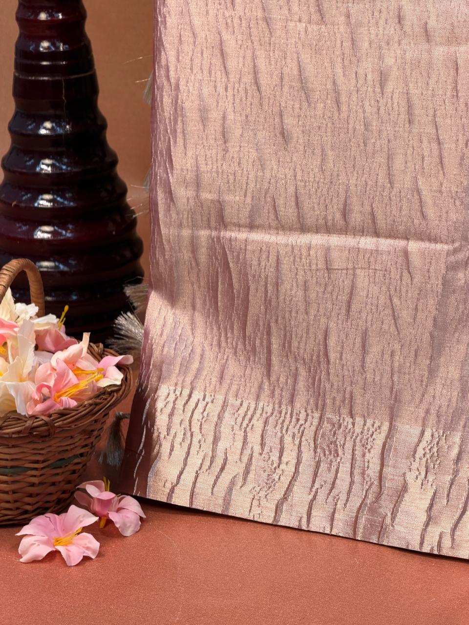 Ethereal Metallic Blush Pink Fancy Tissue Crush Saree