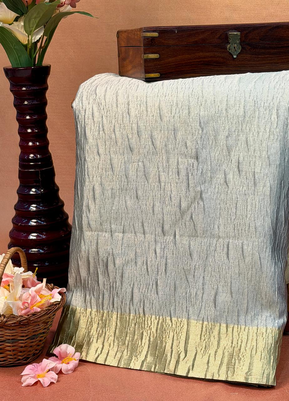 Fancy Tissue Crush Saree – Silver Grey & Gold