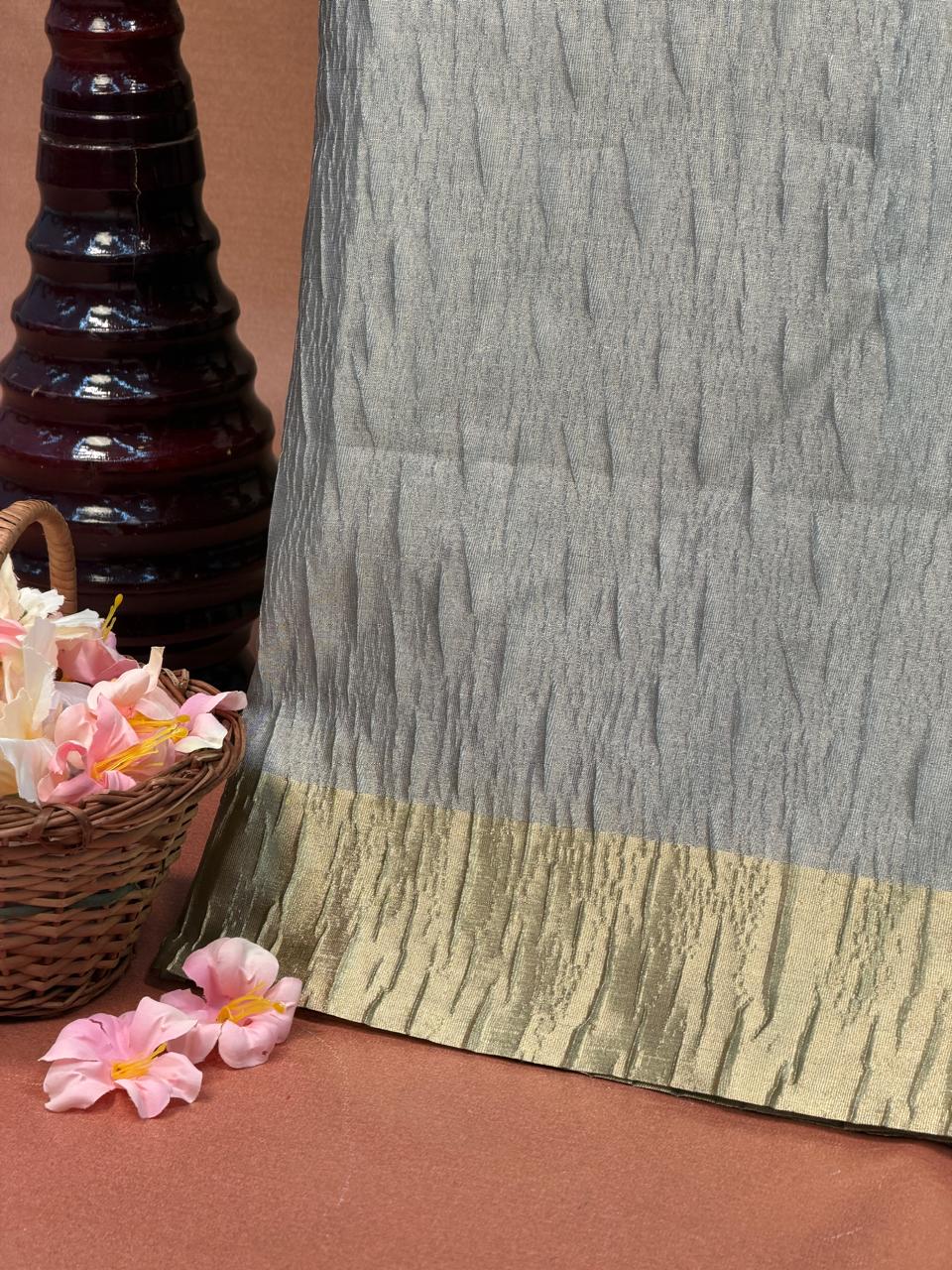 Fancy Tissue Crush Saree – Silver Grey & Gold