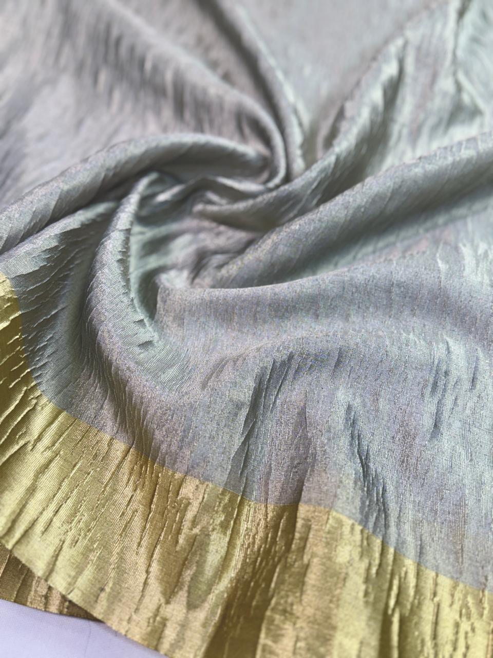 Fancy Tissue Crush Saree – Silver Grey & Gold
